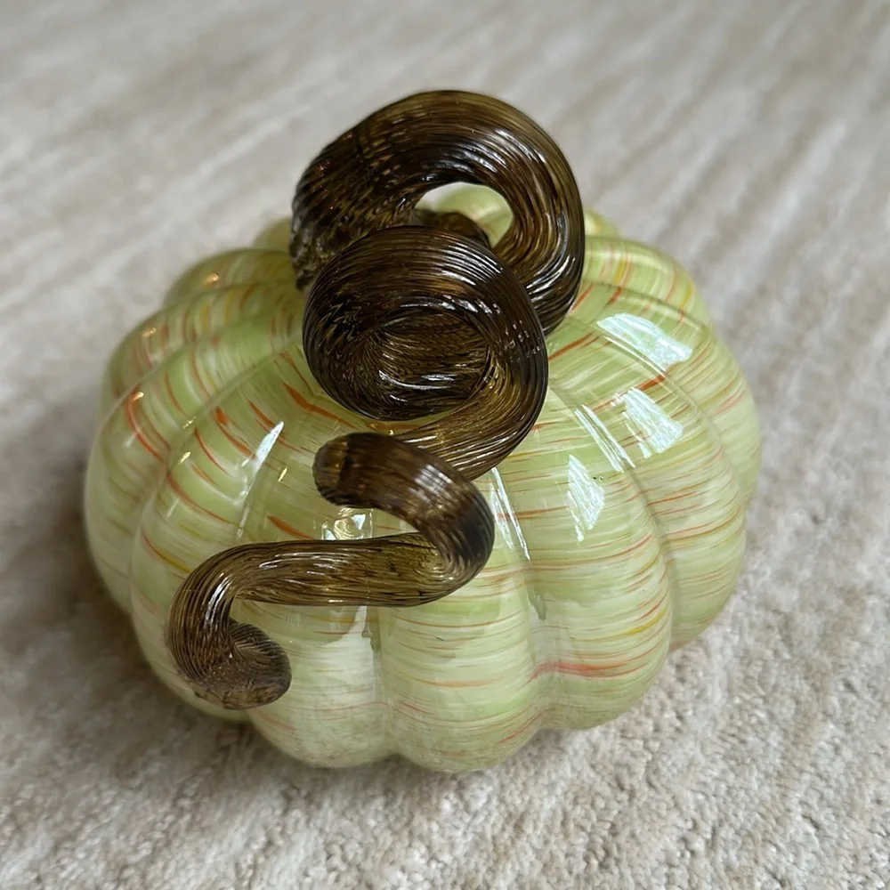 Hand Blown Art Glass Pumpkin Green Orange Flecks Twisted Reeded Clear Stem 5”x4”